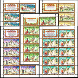 Россия, 2004, Монастыри, 5 листов по 9 марок + купон